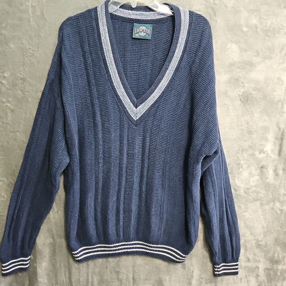 Jantzen V-Neck vintage Men's sz Lg Sweater blue Tennis Style Ribbed USA Men's
